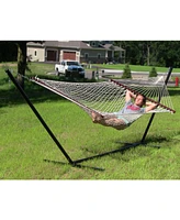 Double Polyester and Cotton Rope Hammock with 15-Foot Steel Stand - 400-Pound Capacity - Black Stand - Cream