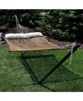 Sunnydaze Decor Polyester Rope Double Hammock with 15-Foot Steel Stand - 400-Pound Capacity - Black Stand - Brown