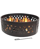 36-Inch Outdoor Fire Pit Ring with Poker - Round Heavy-Duty Steel Fire Ring for Camping or Backyard - Crossweave - 12" H