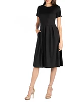24seven Comfort Apparel Midi Dress with Short Sleeves and Pocket Detail