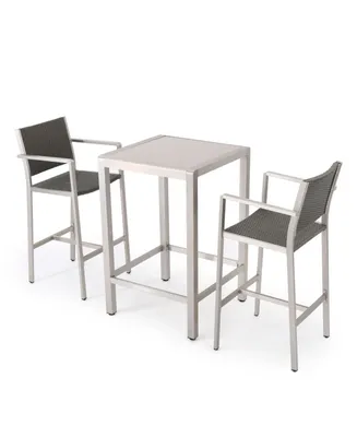 Noble House Cape Coral Outdoor 3 Piece Bar Set with Glass Table Top