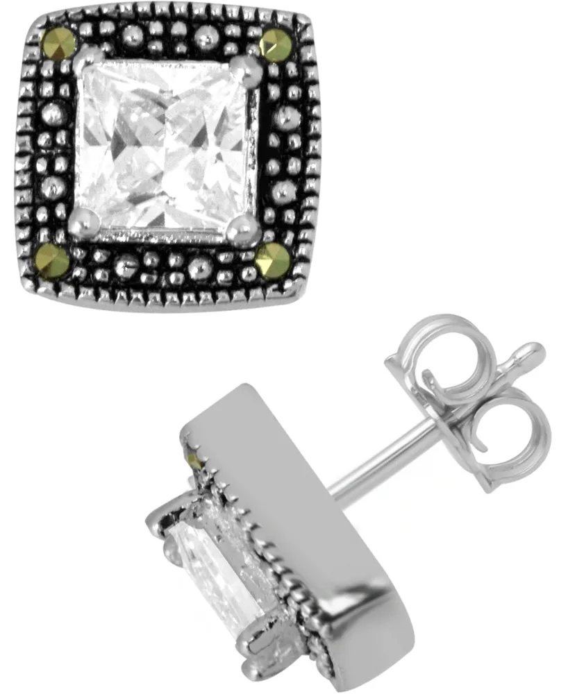 Genuine Marcasite & Cubic Zirconia Square Stud Earrings in Silver-Plate