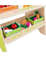 Hey Play Kids Fresh Market Selling Stand - Wooden Grocery Store Playset With Toy Cash Register, Scale, Pretend Credit Card And Food Accessories