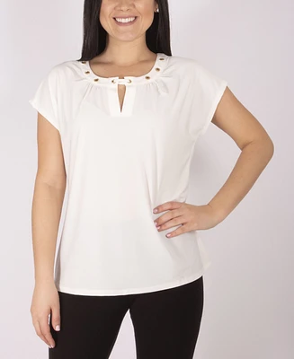 Plus Short Sleeve Jewel Neck Top with Grommets