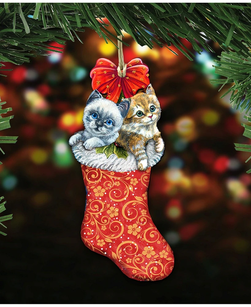 Designocracy Kitty Cats Christmas Stocking Wooden Ornaments, Set of 2