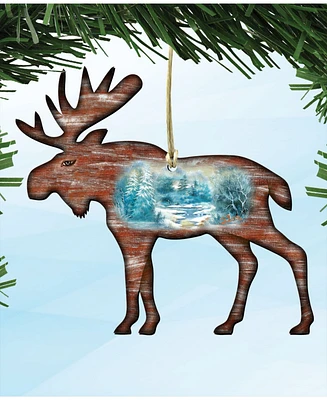 Designocracy Woodsy Moose Scenic Wooden Christmas Ornament Set of 2