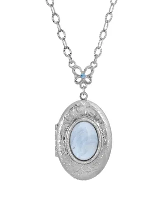 2028 Silver-Tone Semi Precious Oval Stone Locket Necklace