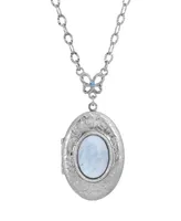 2028 Silver-Tone Semi Precious Oval Stone Locket Necklace