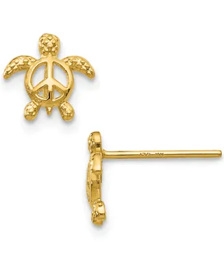 Peace Sign Sea Turtle Stud Earrings in 14k Gold