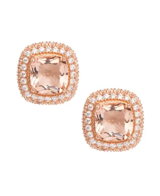 Rose Gold Plated Simulated Morganite Cushion Halo Stud Earrings