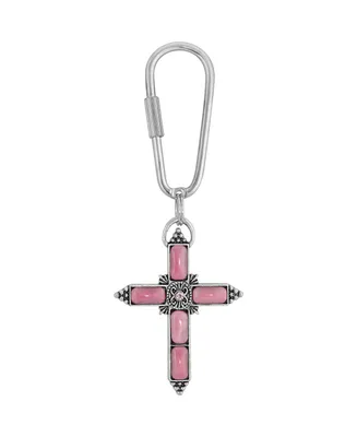 2028 Silver-Tone Pink Moonstone Pink Crystal Cross Key Chain