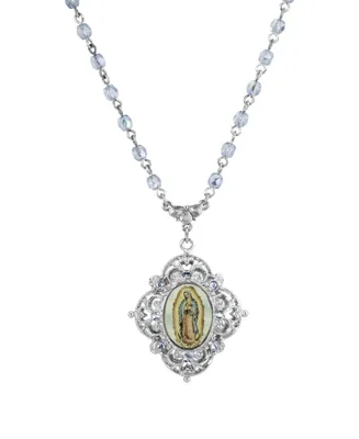 Symbols of Faith Silver-Tone Beaded Chain Mary Pendant 15" Adjustable Necklace