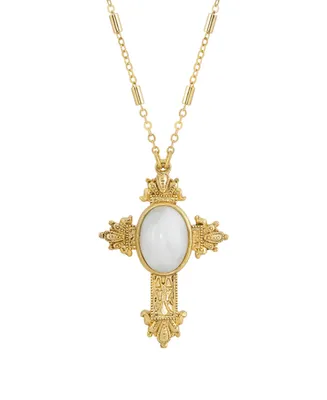 Symbols of Faith 14K Gold Dipped Oval Semi Precious Genuine White Quartz Cross 28" Necklace