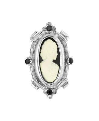 2028 Silver-Tone Black and White Oval Cameo Pin