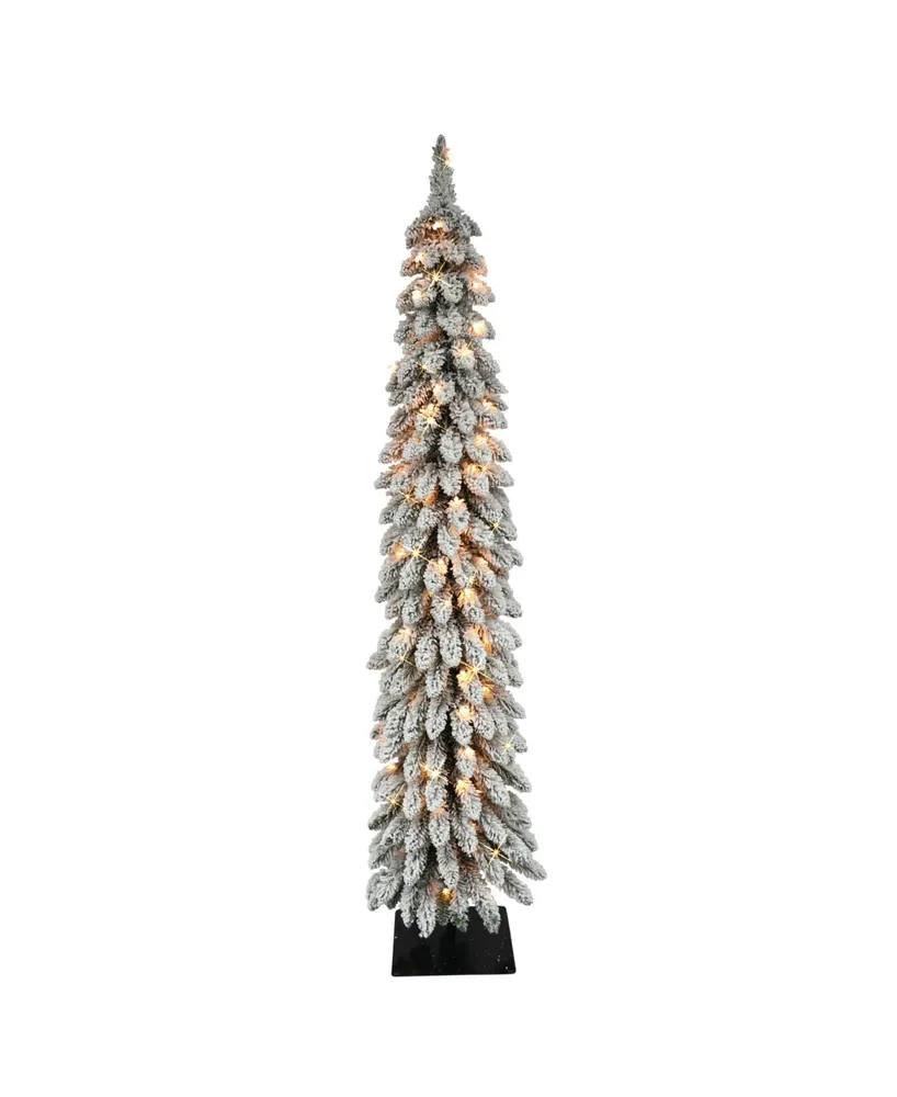 Puleo 6FT Pre-Lit Flocked Alpine Pencil Artificial Christmas Tree