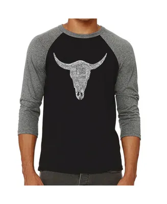 La Pop Art Country Music Cow Skull Men's Raglan Word T-shirt