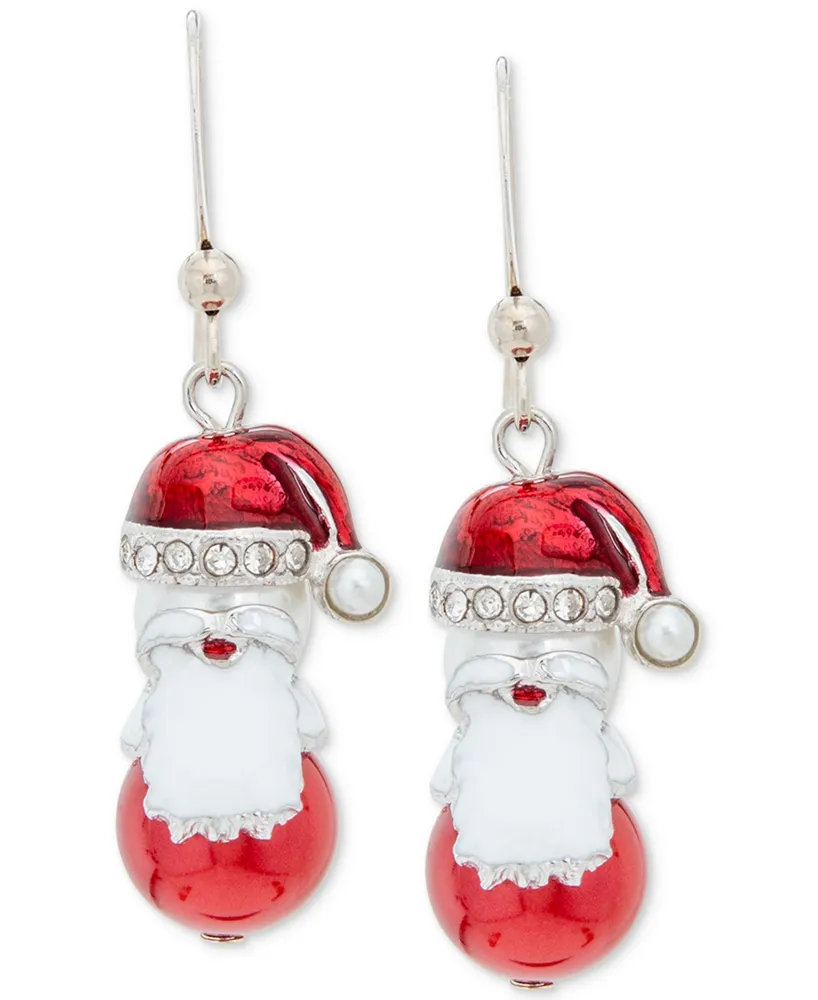 Holiday Lane Silver-Tone Pave & Imitation Pearl Santa Drop Earrings, Created for Macy's