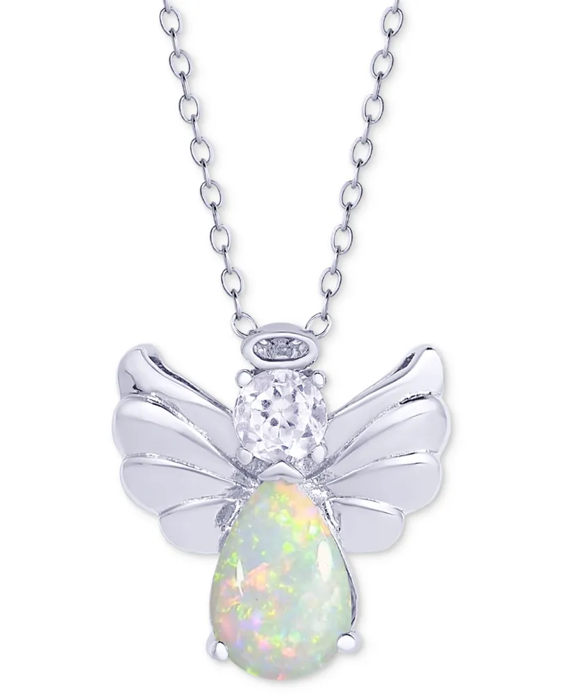 Simulated Opal & Cubic Zirconia Angel Wing 18" Pendant Necklace in Sterling Silver