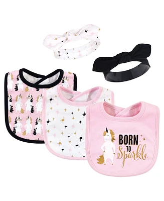 Hudson Baby Infant Girl Cotton Bib and Headband Set 5pk, Sparkle Unicorn, One Size