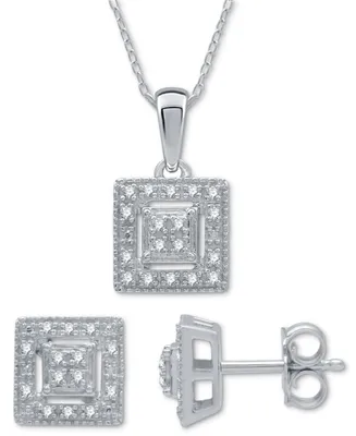 2-Pc. Set Diamond (1/6 ct. t.w.) Square Cluster Pendant Necklace & Matching Stud Earrings in Sterling Silver