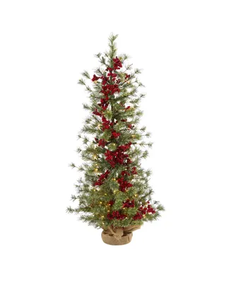 Nearly Natural Berry and Pine Artificial Christmas Tree with 100 Warm Lights and Burlap Wrapped Base