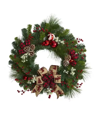 Nearly Natural Christmas Pine Artificial Wreath with Pine Cones and Ornaments