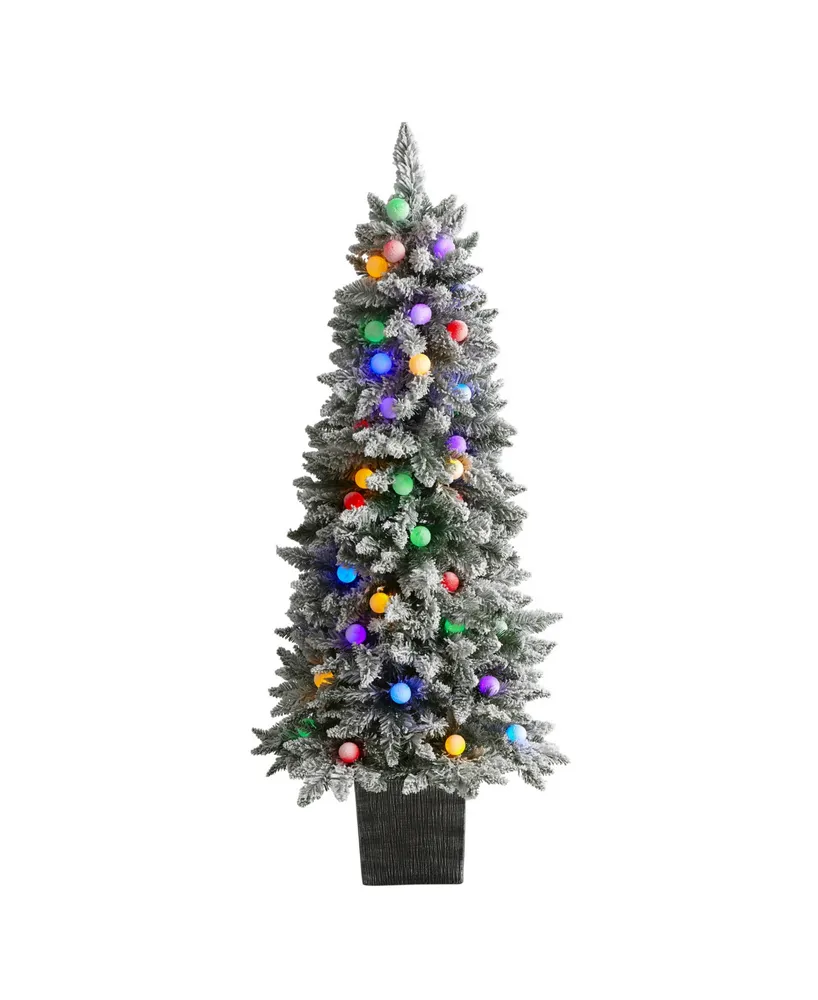 Nearly Natural Flocked British Columbia Mountain Fir Artificial Christmas Tree in Decorative Planter with 50 Multi Color Globe Bulbs and 379 Bendable