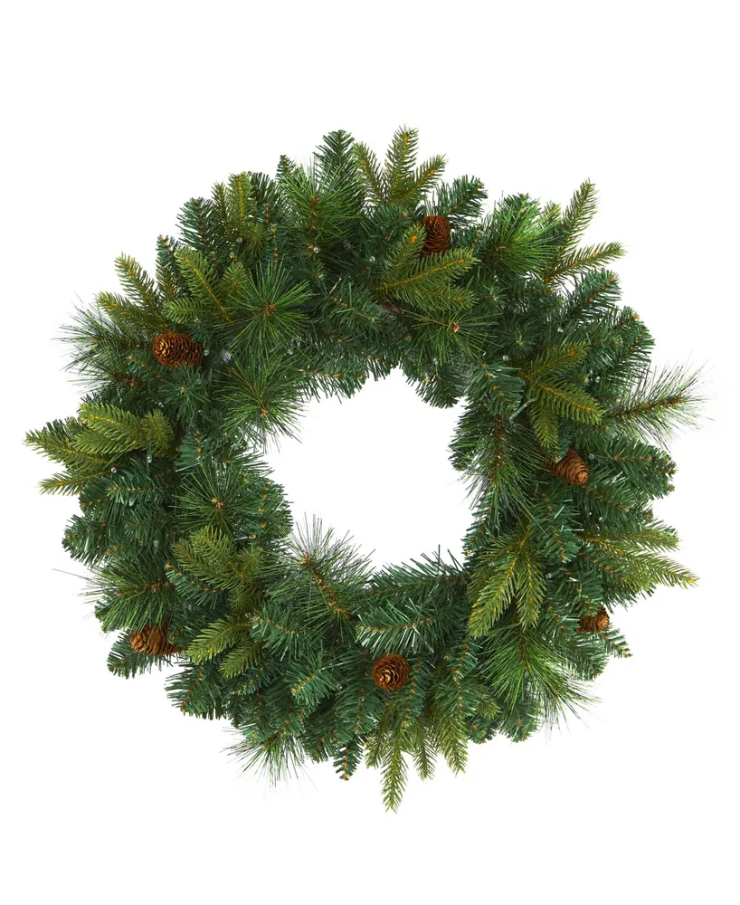 Nearly Natural Mixed Pine Artificial Christmas Wreath with 35 Clear Led Lights and Pinecones