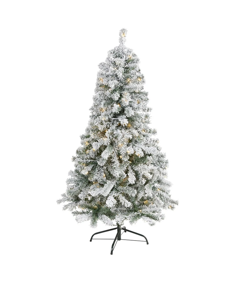 Nearly Natural Flocked Rock Springs Spruce Artificial Christmas Tree with Clear Led Lights