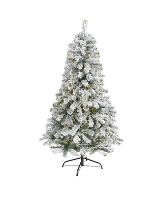 Nearly Natural Flocked Rock Springs Spruce Artificial Christmas Tree with Clear Led Lights