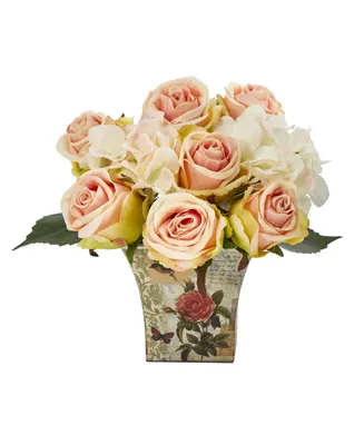 Nearly Natural Rose and Hydrangea Bouquet Artificial Arrangement in Floral Vase