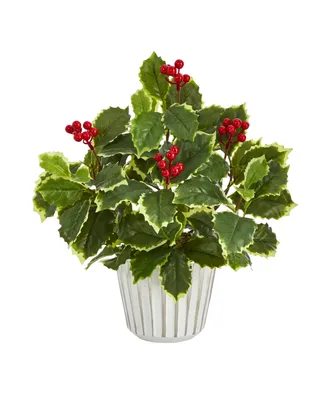 Nearly Natural Variegated Holly Leaf Artificial Plant in Planter with Trimming, Real Touch