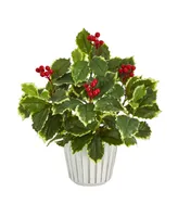 Nearly Natural Variegated Holly Leaf Artificial Plant in Planter with Trimming, Real Touch