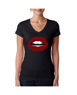 La Pop Art Women's V-Neck T-Shirt with Fabulous Lips Word