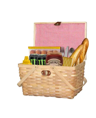 Vintiquewise Gingham Lined Woodchip Picnic Basket With Lid and Movable Handles