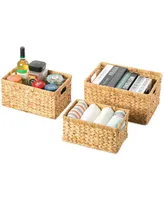 Vintiquewise Natural Woven Water Hyacinth Wicker Rectangular Storage Bin Basket with Handles, Set of 3