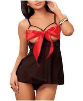 iCollection Open Cup Babydoll with Bow & Panty 2pc Lingerie Set - Red