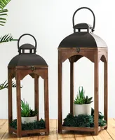 Glitzhome Set of 2 Whiskey Brown Farmhouse Modern Wood/Metal Lanterns