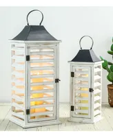 Glitzhome Set of 2 Wash White Farmhouse Wooden Shutter Lanterns