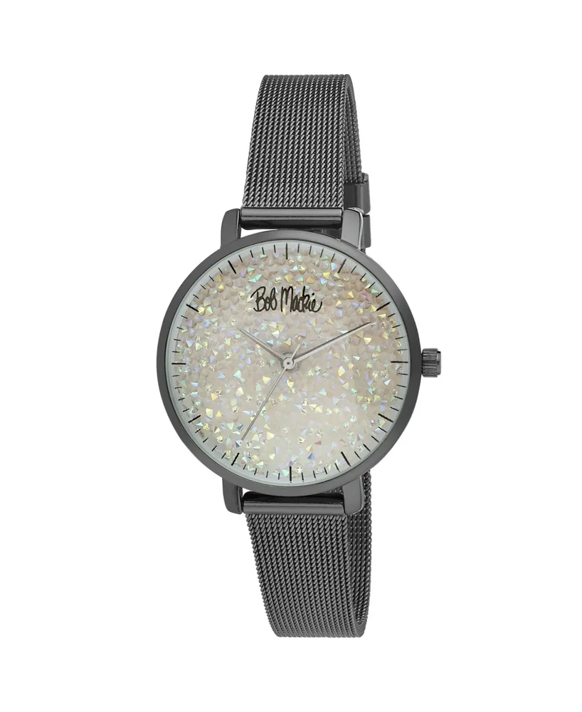 Bob Mackie Women's Black Alloy Bracelet Glitter Dial Mesh Watch, 32mm