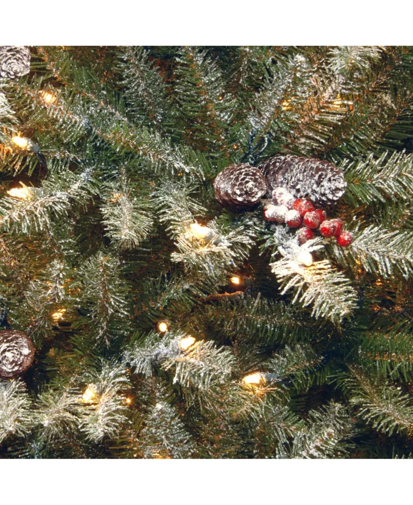 National Tree 7.5' Dunhill Fir Hinged Tree with Snow, Red Berries, Cones & 750 Clear Lights