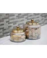 Round Iridescent Glass Jars with Complimenting Metal Lid, Set of 2 - Gold