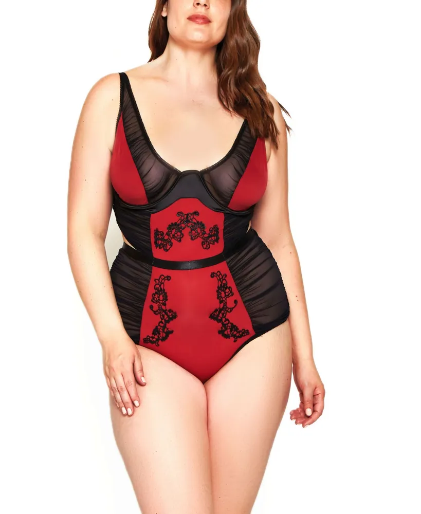 Icollection Women's Plus Mesh Rushed Bodysuit Lingerie with Applique and  Contrast Panels