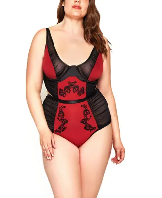 Women's Plus Mesh Rushed Bodysuit Lingerie with Applique and Contrast Panels