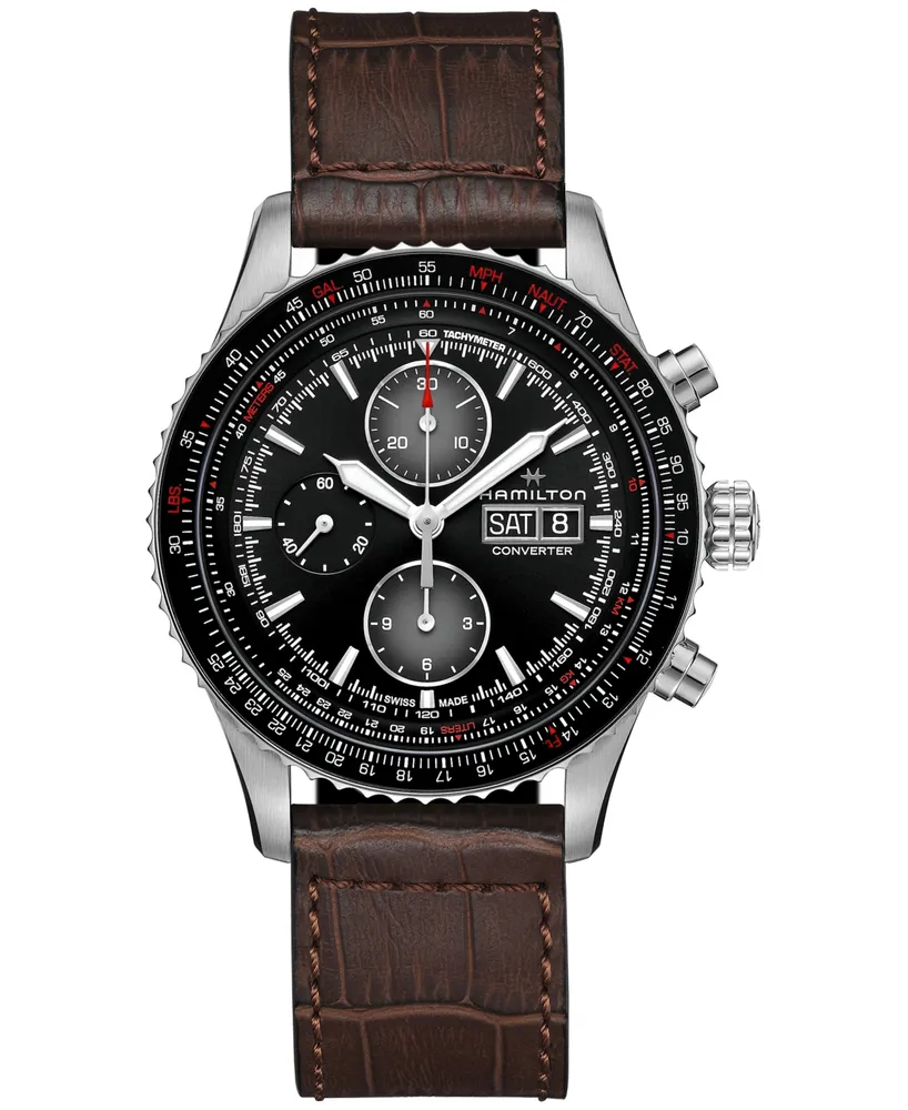 Hamilton Men's Swiss Automatic Chronograph Khaki Aviation Converter Brown Leather Strap Watch 44mm