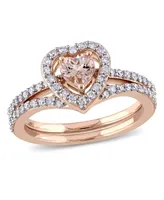 Morganite and Diamond Heart Halo interlocking Bridal Ring Set