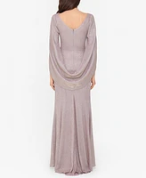 Betsy & Adam Glitter Drape-Back Cape Gown