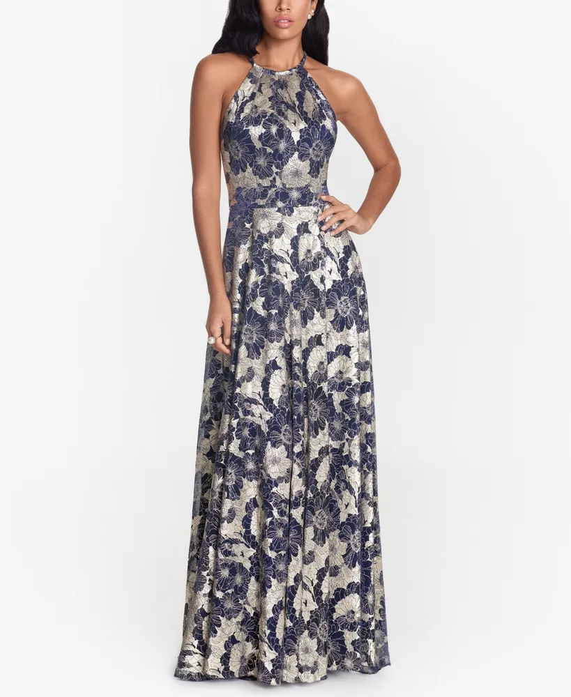 Betsy & Adam Metallic Floral Halter Gown