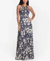 Betsy & Adam Metallic Floral Halter Gown