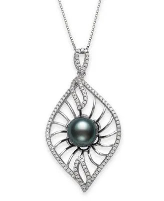 Cultured Black Tahitian Pearl 9-10mm and Cubic Zirconia Drop Pendant in Sterling Silver with 18" Chain